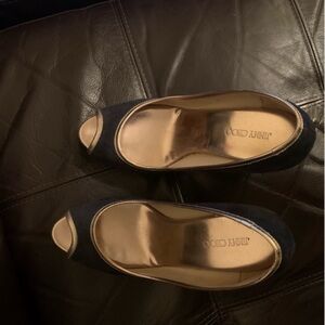 Jimmy Choo navy blue gold peep toe wedges size EU 39.5 US 9-9.5